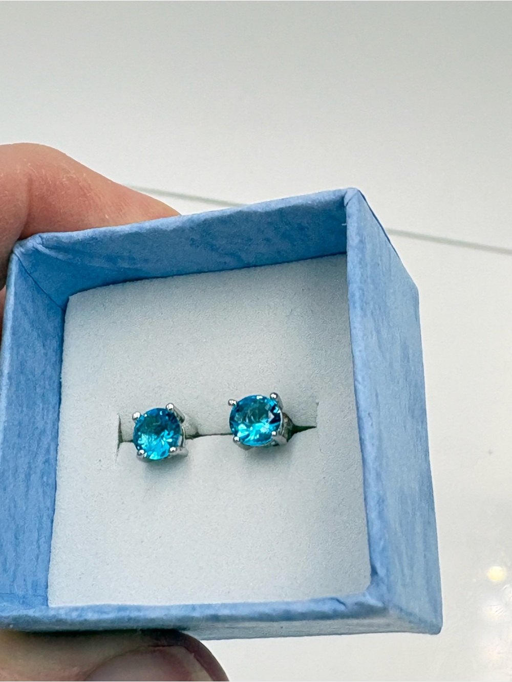 Classic Blue Topaz Round Stud Earrings - Silver Tone - Picture 7 of 16